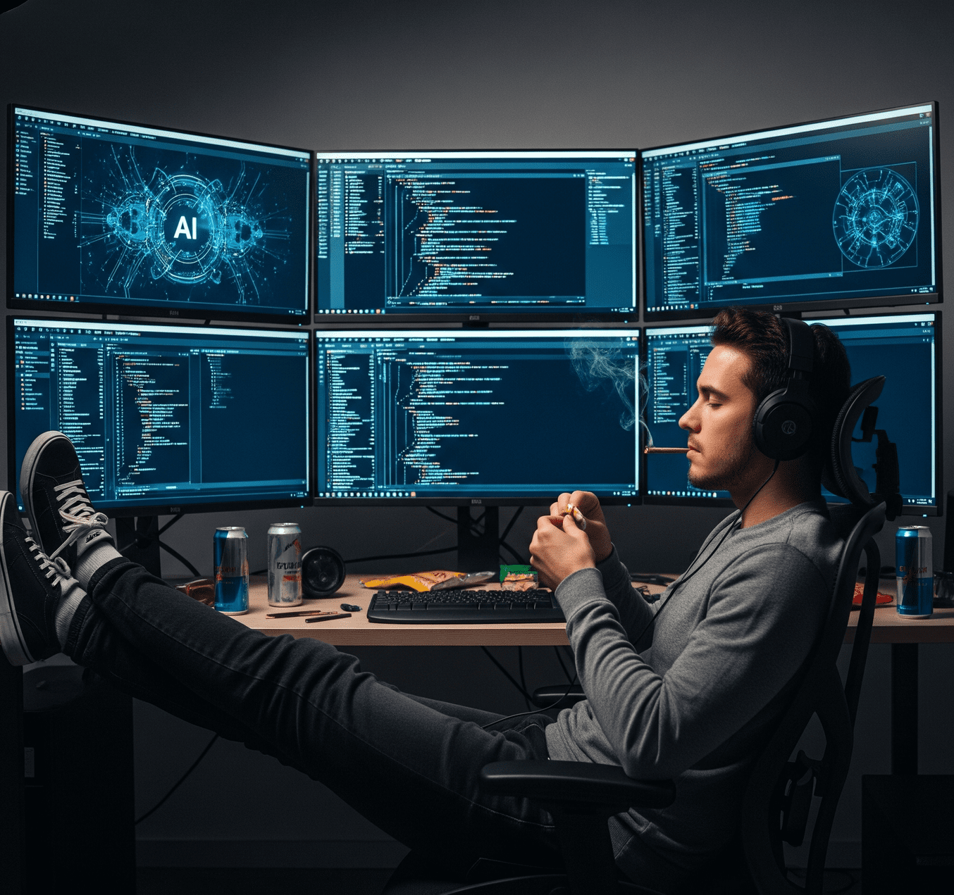 A developer at a multi-monitor desk uses AI code generation tools to automate tasks and streamline their workflow.